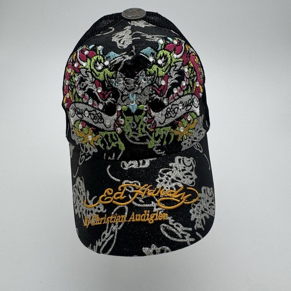 Ed Hardy Black Christian Audigier Hat Double Dragon Rhinestone Y2K Tattoo VTG